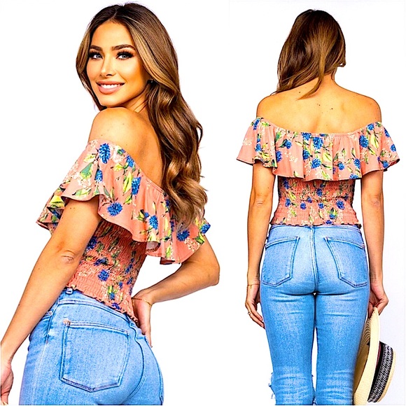 ValMarie Tops - Floral Pattern/Coral Cinched Bodice Ruffle Shoulder Sexy Summer Women’s Crop Top